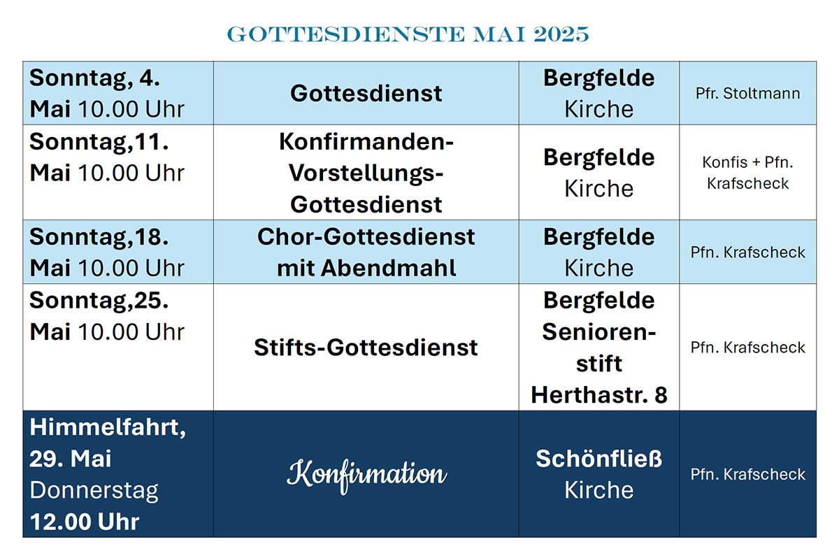 Gottesdienstplan für Mai