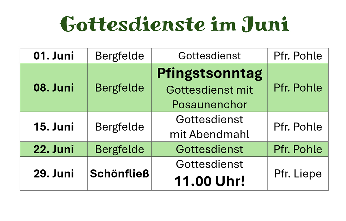 Gottesdienstplan Juni