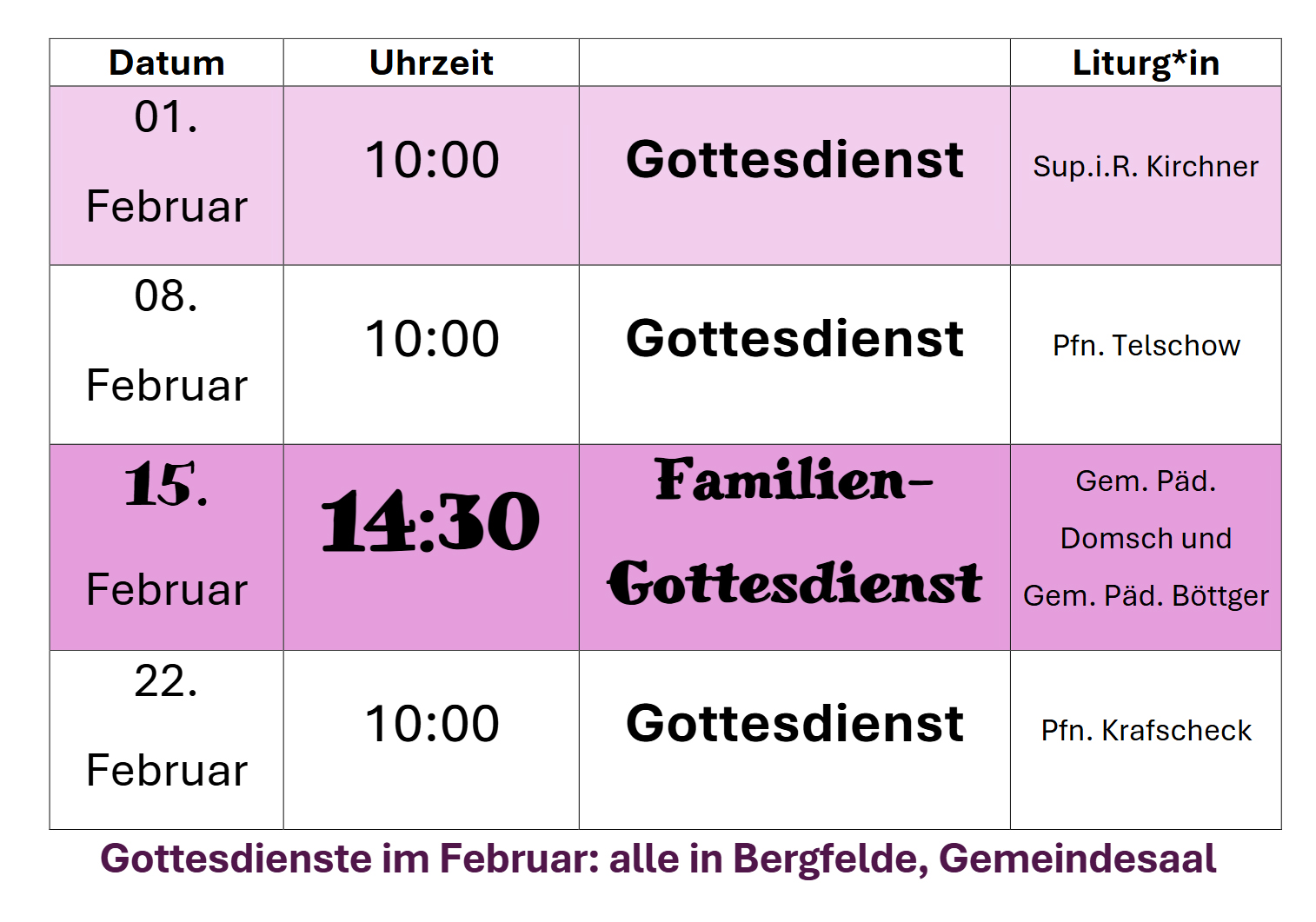 Tabelle der Gottesdienste im Dezember