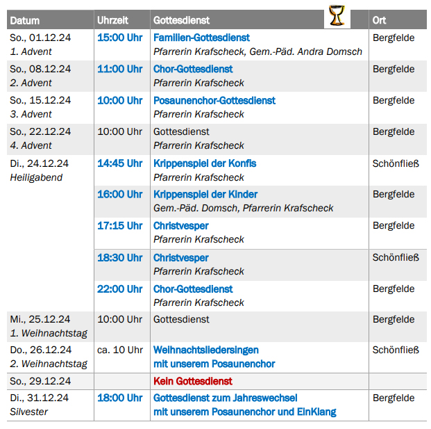 Gottesdienste Dezember